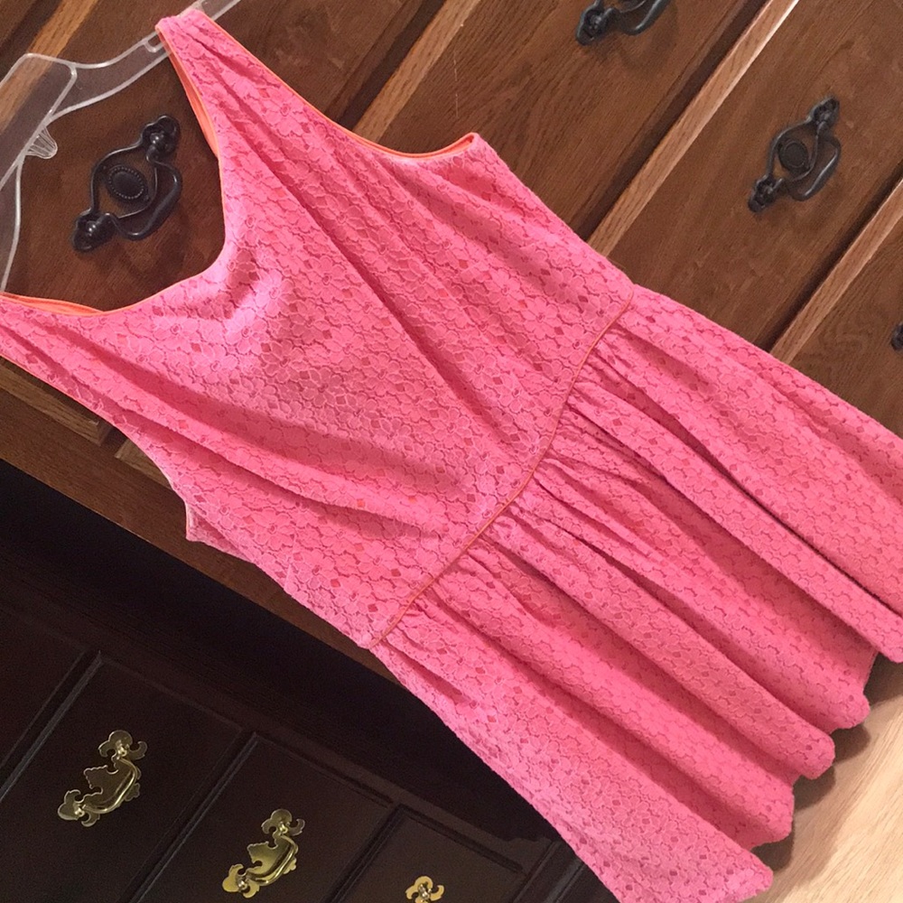 Hot pink lace with orange piping dress